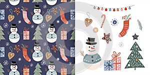 Christmas set with seamless pattern and cute seasonal elements