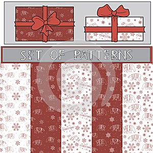 A Christmas set of seamless pattern with red and white outline bears and snow for printing on Christmas fabric or wrapping paper