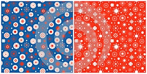 Christmas set of seamless pattern with snowflakes. Vector winter illustrations in red, blue and white. Scandinavian flat style for