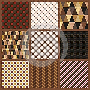 Christmas set of seamless patterns in chocolate brown colors. Repeated backgrounds.