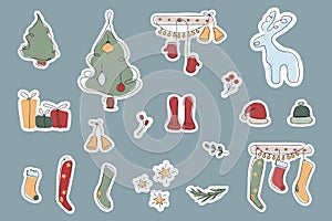 Christmas set stickers or labels with xmas tradition elements gift box, mental stocking, fire tree with ornament and