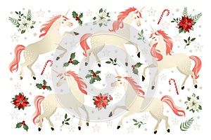 Christmas set with Unicorn, vector illustration on black background