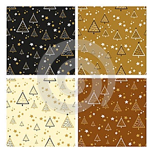 Set of seamless patterns with christmas trees in black and gold