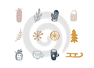 Christmas Set of vector xmas doodle scandinavian elements. New Year decoration. Winter background for fabric, textile