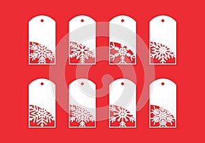 Christmas Set of white paper Sales Tags. Winter tags with snowflake isolated on red background. Vector EPS 10