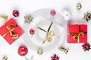 Christmas set with white, red and gold gifts and decorations