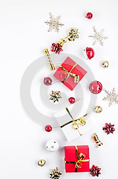 Christmas set with white, red and gold gifts and decorations