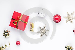 Christmas set with white, red and gold gifts and decorations