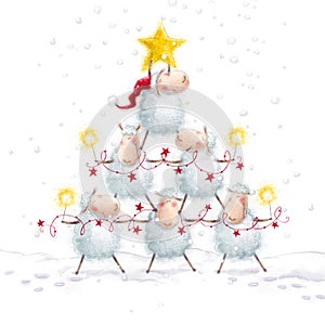 Christmas sheep.Christmas Tree with Star made of cute sheep.New Year greeting cards.Christmas background. photo