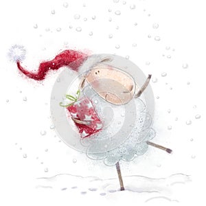 Christmas sheep.Cute sheep with the gift in Santa hat on snow background. Christmas greeting card. Happy New Year.