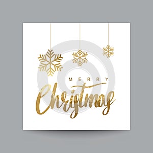 Christmas Shining gold and white Snowflakes. Lettering Merry Christmas greeting card vector Illustration design.