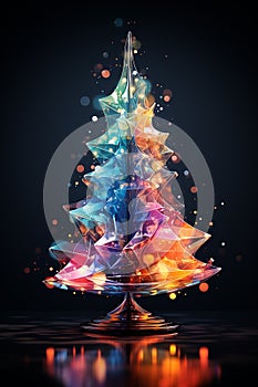 Christmas shiny tree from colorful glass and abstract bokeh lights on black background