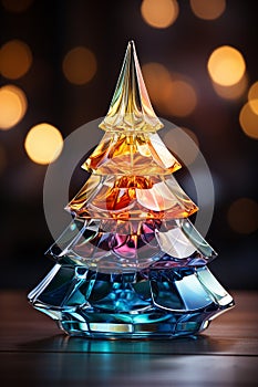 Christmas shiny tree from colorful glass and abstract bokeh lights on black background