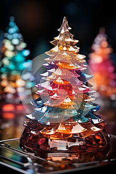 Christmas shiny tree from colorful glass and abstract bokeh lights on black background