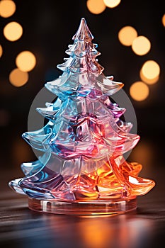 Christmas shiny tree from colorful glass and abstract bokeh lights on black background.