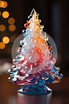 Christmas shiny tree from colorful glass and abstract bokeh lights on black background.