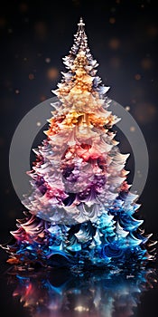 Christmas shiny tree from colorful glass and abstract bokeh lights on black background.