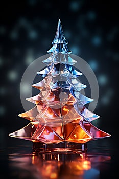 Christmas shiny tree from colorful glass and abstract bokeh lights on black background.