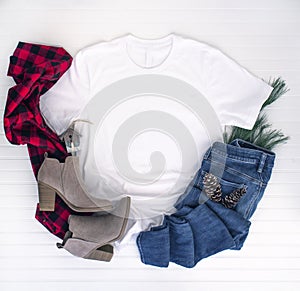 Christmas shirt mockup - white tshirt with buffalo plaid scarf, boots & jeans