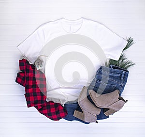 Christmas shirt mockup - white tshirt with buffalo plaid scarf, boots & jeans