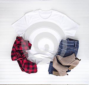 Christmas shirt mockup - white tshirt with buffalo plaid scarf, boots & jeans