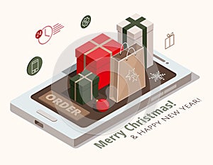 Christmas shopping concept. Gift boxes, kraft paper and red ball on mobile phone. 3d isometric illustration.