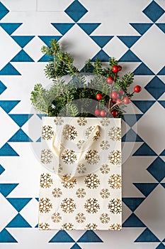 Christmas shopping concept, Paper bag full of fir tree and red christmas berries, geometric blue and white background