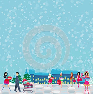 Christmas shopping - group of people shopping in the city - card