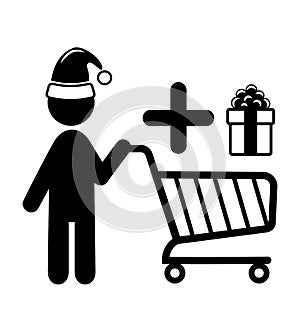 Christmas Shopping Man with Cart and Gift Flat Black Pictogram I
