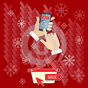 Christmas shopping men hand holding modern mobile phone