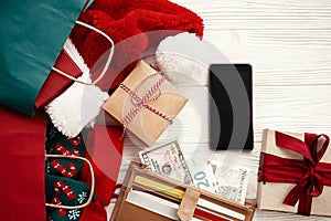 Christmas shopping and seasonal sale. Credit cards and money in