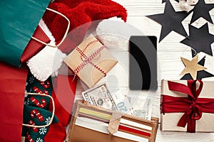 Christmas shopping and seasonal sale. Credit cards and money in