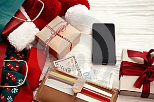 Christmas shopping and seasonal sale. Credit cards and money in