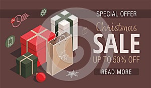 Christmas shopping web banner. Gift boxes, kraft paper and red ball. Merry christmas and new year. 3D isometric