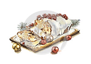 Christmas shtolen new year cake watercolor illustration