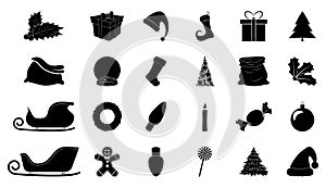 Christmas silhouette icon set. Collection of black december holiday symbol. Black and white illustration isolated on white