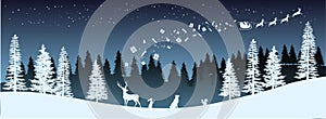 Christmas silhouette. Panorama of Santa Claus riding sleigh with deers. Winters new year landscape. Holidays background