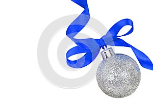 Christmas silver ball with blue ribbon