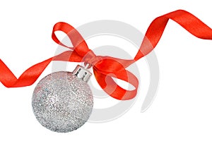 Christmas silver ball with red ribbon