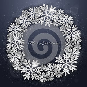 Christmas silver glittering snowflakes background