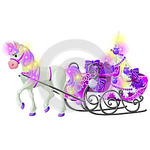 Christmas sketch with animated horse with a pink mane and hooves with a sleigh filled with gift boxes and baubles