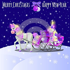 Christmas sketch with animated horse with a pink mane and hooves, sleigh filled with gift boxes and baubles. Sample of