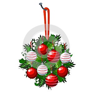 Christmas sketch with hanging wreath of fir twigs and leaves of Holly decorated with red and white glass balls and