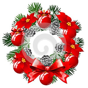 Christmas Sketch With Wreath Of Fir Twigs Decorated With Red Baubles And Glass Balls, Pine Cones And Flowers Of