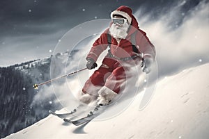 christmas skier snowboarder mountain winter sport santa snow holiday ski. Generative AI.