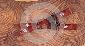 christmas skis ,on wooden background