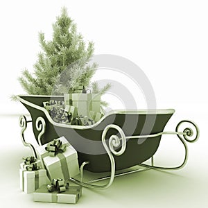 Christmas sledges of Santa with gifts and Christmas tree