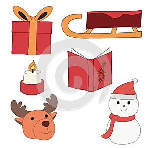 A Christmas sleigh, gift box, candle, songbook, snowman, and reindeer in a hand-drawn minimal xmas concept, Vector
