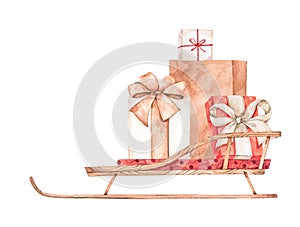 Christmas sleigh with gifts collection. Watercolor illustration. Happy new year. Winter presents. Perfect for cards, invitations,