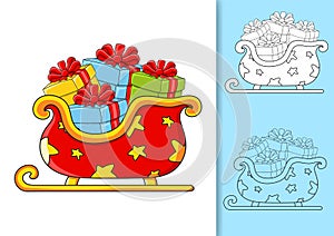 Christmas sleigh santa claus with gifts. Set of vector illustrations isolated on white and colored background. Design element.